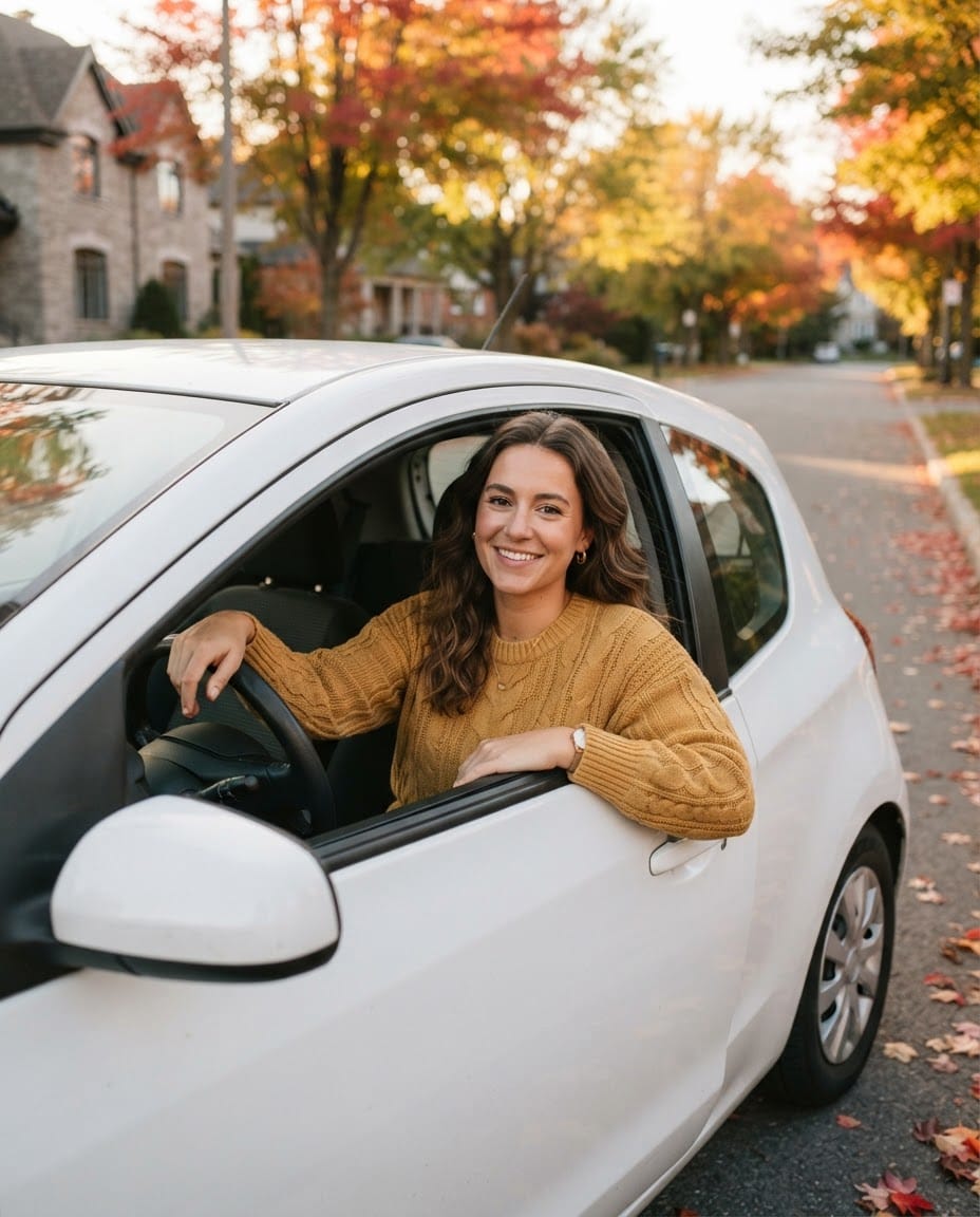 Smiling student at the wheel in the fall